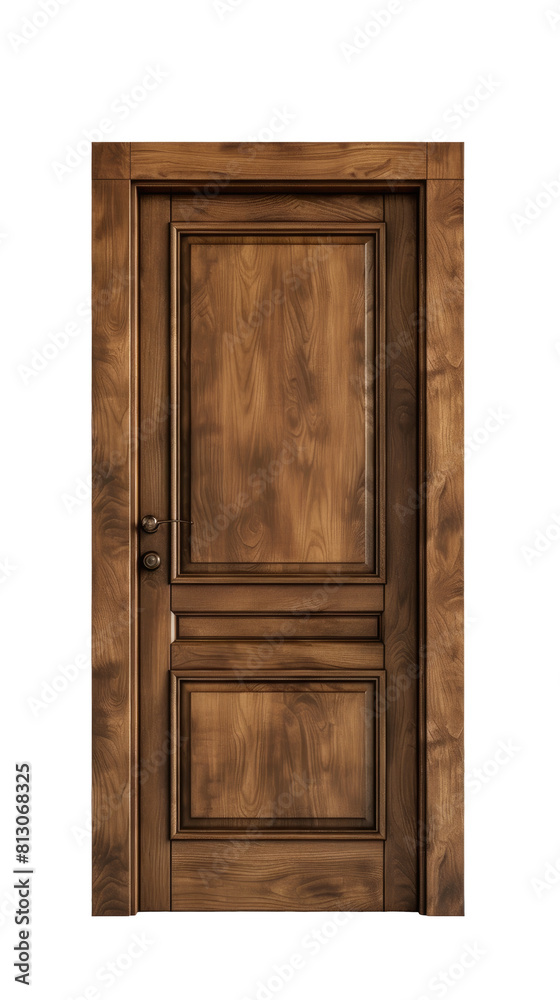 Modern wooden brown door isolated on white, transparent background PNG