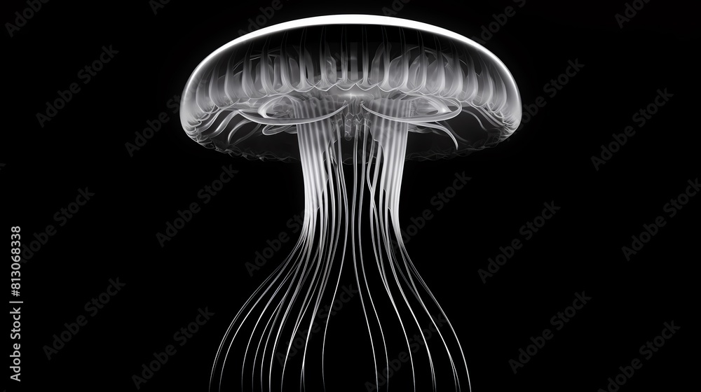 A jellyfish with long tentacles is floating in the water A jellyfish with long tentacles is floating in the water