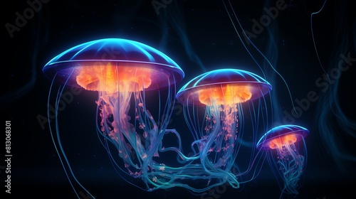 Three jellyfish with orange and blue bodies are floating in the dark © Watercolorbackground