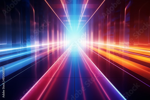 A long, colorful tunnel with a bright blue light at the end