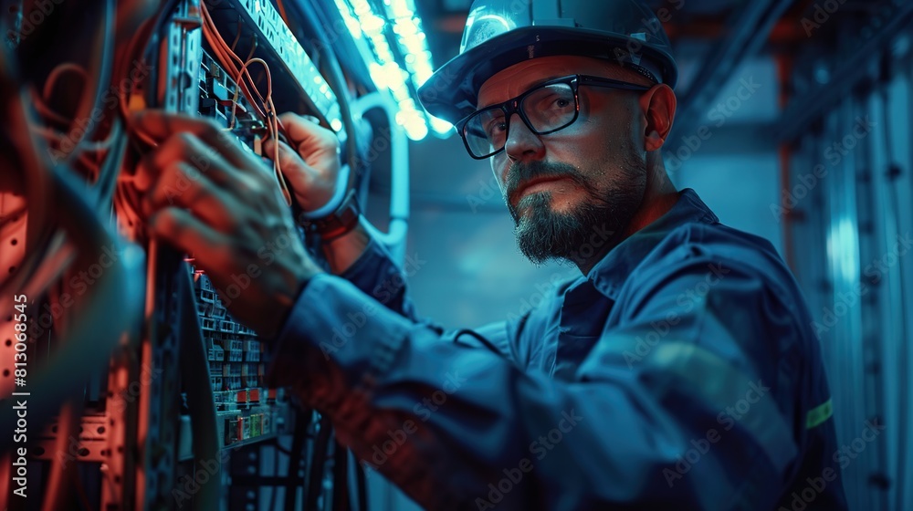 The electrician is working on an electrical panel in the power plant all cable connections. The electrician is working on an electrical panel in the power plant all cable connections.