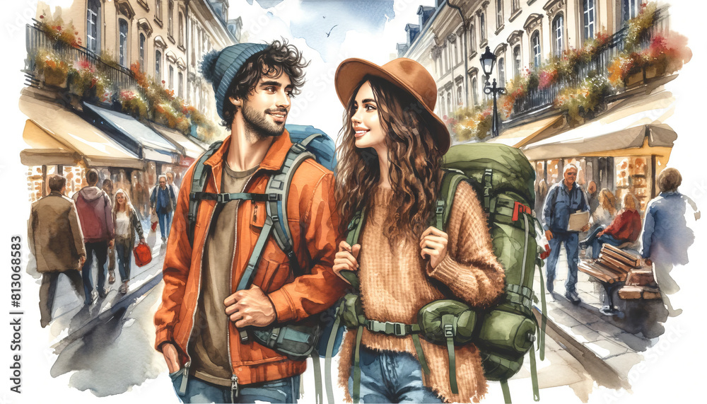 The image portrays a young couple exploring a bustling city street, fully equipped with hiking gear.