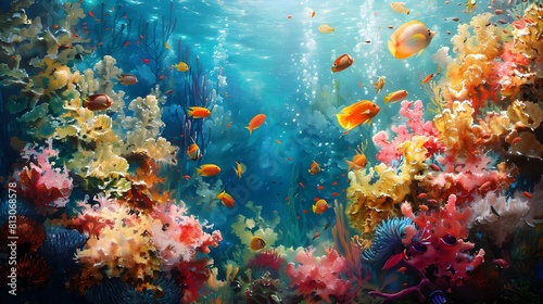 a vibrant underwater scene showcasing a coral reef teeming with life. Use a variety of colors to depict the diverse fish and intricate coral formations