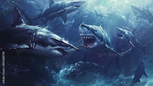 A group of sleek and powerful sharks circling a bait ball, their sharp teeth gleaming as they feed on the panicked fish. © Ansar