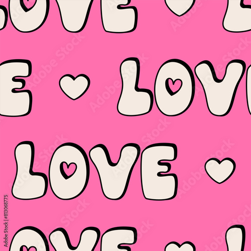 Seamless pattern with word love in retro groovy style. Vector background with outline lettering and hearts