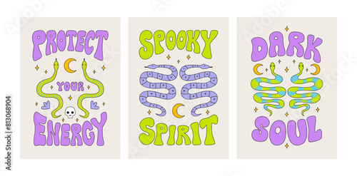 Fototapeta Naklejka Na Ścianę i Meble -  Set of groovy hippie posters with snakes and mystical quotes. Spooky spirit, protect your energy and dark soul lettering phrases. Vector outline illustration