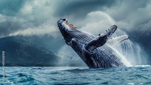 A majestic humpback whale breaching the surface of the ocean, spraying water from its blowhole. photo