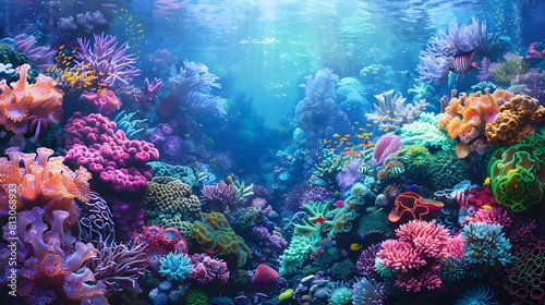 a vibrant underwater scene showcasing a coral reef teeming with life. Use a variety of colors to depict the diverse fish and intricate coral formations © MyBackground