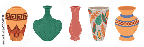 Colored ceramic vases set. Porcelain vase for flowers, antique pottery, floral and abstract patterns. Vase pottery for decoration. Trendy flat style isolated on white. Vector illustration
