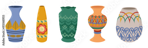 Colored ceramic vases set. Porcelain vase for flowers, antique pottery, floral and abstract patterns. Vase pottery for decoration. Trendy flat style isolated on white. Vector illustration