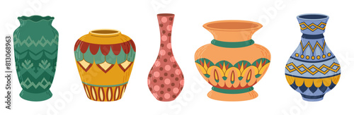 Colored ceramic vases set. Porcelain vase for flowers, antique pottery, floral and abstract patterns. Vase pottery for decoration. Trendy flat style isolated on white. Vector illustration