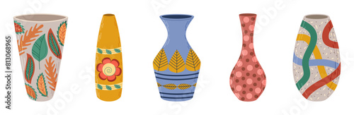 Colored ceramic vases set. Porcelain vase for flowers, antique pottery, floral and abstract patterns. Vase pottery for decoration. Trendy flat style isolated on white. Vector illustration