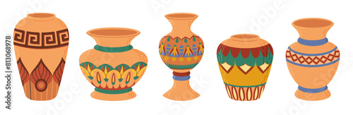 Colored ceramic vases set. Porcelain vase for flowers, antique pottery, floral and abstract patterns. Vase pottery for decoration. Trendy flat style isolated on white. Vector illustration