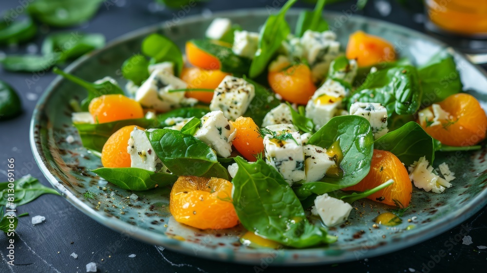 Salad with smoked suluguni cheese, apricots, spinach and mustard.