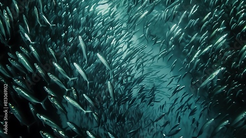 A massive school of shimmering silver fish swimming in perfect unison, creating mesmerizing patterns in the water.