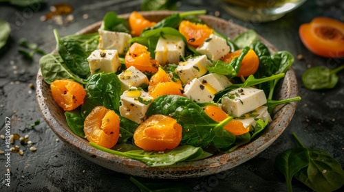 Salad with smoked suluguni cheese, apricots, spinach and mustard. photo