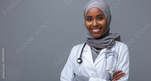 Portrait of a smiling young muslim woman doctor in a white coat holding a stethoscope standing over a grey background photo