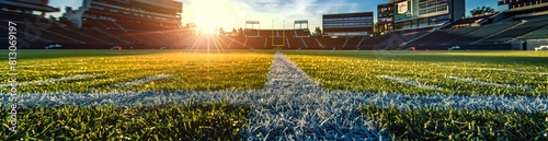 Empty football stadium at sunrise with a close-up view of the field line. Sports and recreation concept.