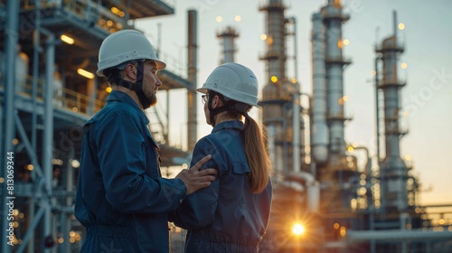 Two engineers engaged in discussion against the backdrop of an oil refinery, power plan © jackfrost_studio