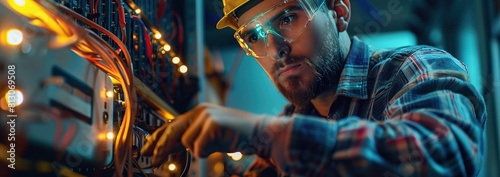 Close up electrician working on an electrical panel in a factory  wearing safety glasses and a hard hat.