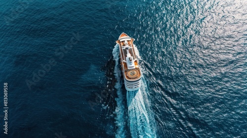 Aerial view of cruise ship on high speed over clean blue ocean. Generated AI image © is