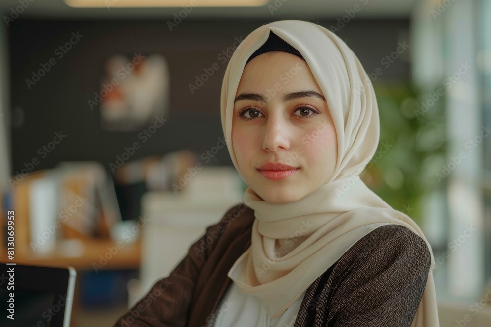 Friendly resort hostess in hijab, indoor setting with natural light and modern decor, showcasing warm hospitality. Friendly resort hostess in hijab, indoor setting with natural light and modern decor, showcasing warm hospitality.