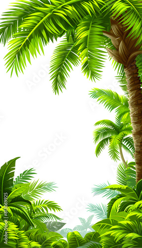 Green Arecales and ferns in a terrestrial plant biome on a white background