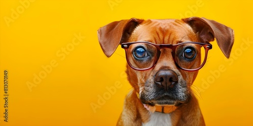 Smart Dog Wearing Glasses with a Nerdy Background. Concept Pets, Smart, Accessories, Glasses, Nerdy photo