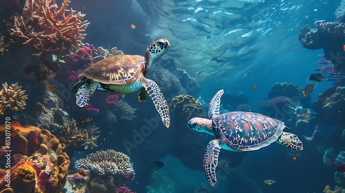 A pair of graceful sea turtles swimming in tandem through a colorful coral reef ecosystem.