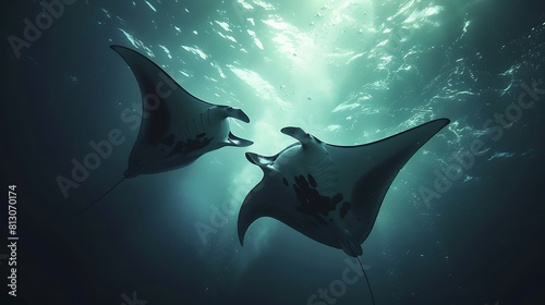 A pair of graceful manta rays gliding effortlessly through the ocean depths, their wings spread wide as they search for food. © Ansar