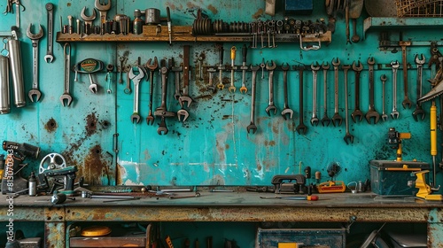 Tools on a metal board. Various tools hang on a wall in a workshop background.