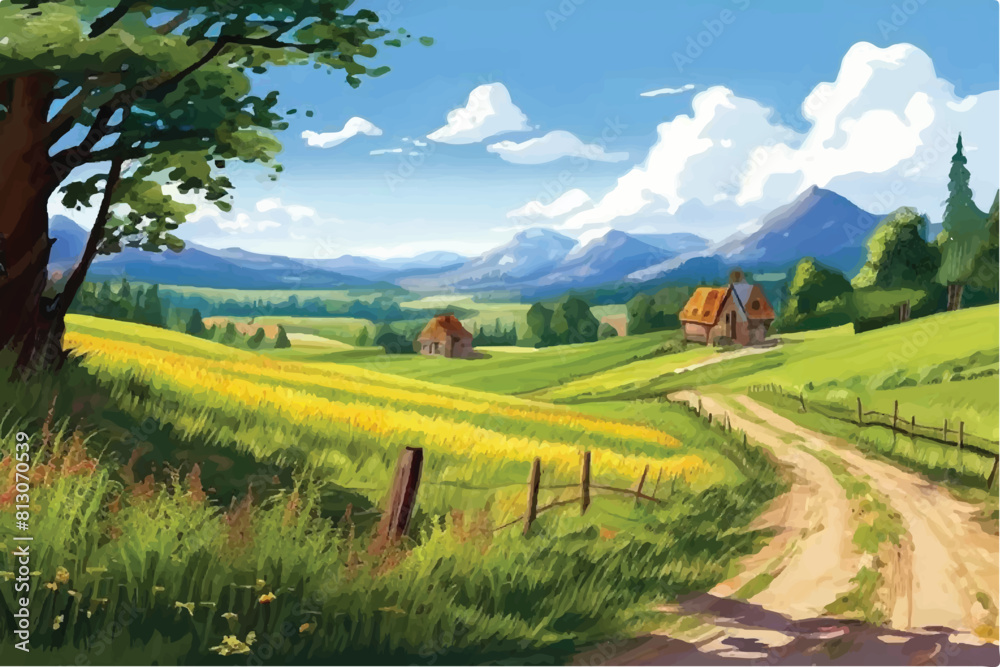 Rural Scene Landscape. Green fields landscape of farmland. Green grass, meadows and trees, blue sky on background. Country agriculture farmland. vector illustration. 