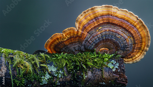 Ganoderma lucidum(Reishi mushroom),reddish laccate mushrooms on decaying hardwood trees in nature. Autumn forest background copy space