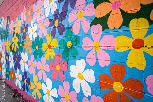 Bright graffiti of multicolor flowers on a city wall, adding vibrancy to urban street art