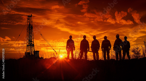 silhouette of six individuals wearing hard hats  against an industrial backdrop with a drilling rig. Sunset sky  painted with vibrant orange and red hues  creates a striking contrast
