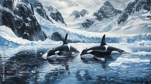 A pair of majestic orcas swimming gracefully through icy Arctic waters, their distinctive black and white markings unmistakable. photo