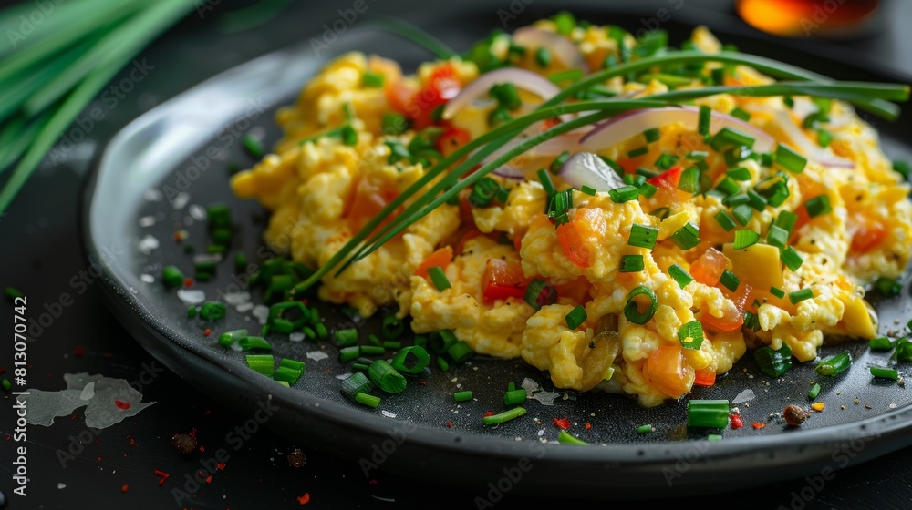 Scrambled eggs with vegetables, green onions and a side dish of onions, a black plate. Scrambled eggs with vegetables, green onions and a side dish of onions, a black plate.