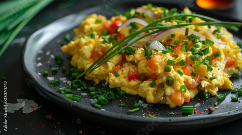 Scrambled eggs with vegetables, green onions and a side dish of onions, a black plate.