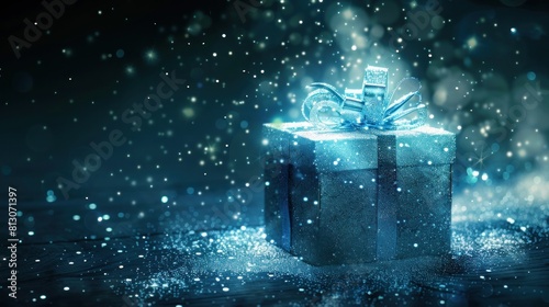 Illustration blue gift box with confetti and glitter with light sparkling background. Generated AI