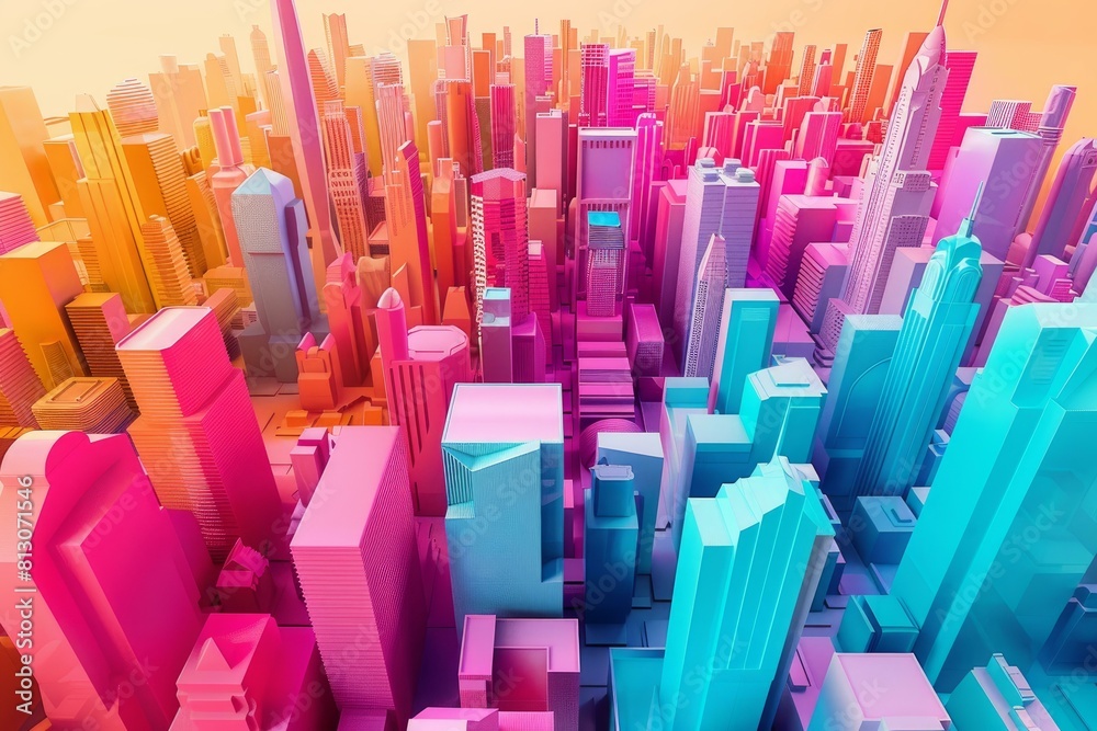 Obraz premium Vibrant 3d illustration of a city skyline with a warm sunset gradient