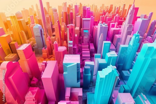 Vibrant 3d illustration of a city skyline with a warm sunset gradient