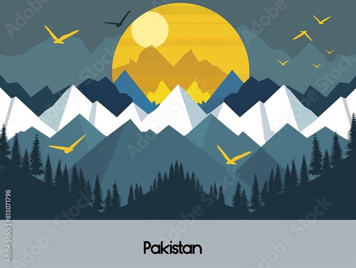 Beautiful flat design poster of Pakistan, with the word "Pakistan" written on the bottom of the poster