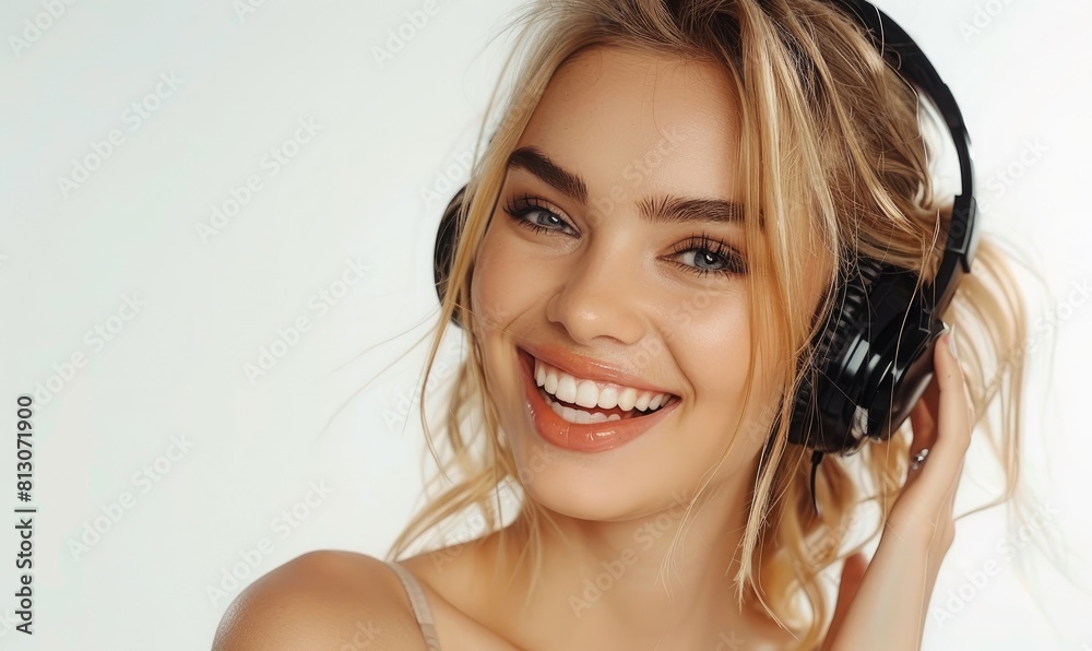 Naklejka premium A beautiful young woman smiling warmly while wearing headphones against a white background, symbolizing relaxation and music. copy space for text.