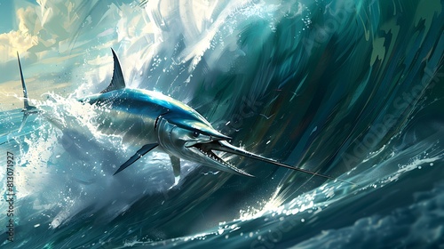 A sleek and streamlined marlin slicing through the ocean waters with incredible speed and agility. © Ansar