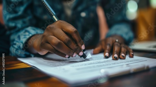 Close-up of a person filling out an application form. photo