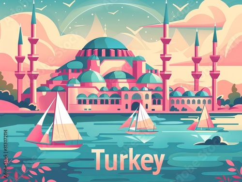 Wallpaper Mural Bbeautiful flat design poster of Turkey, Istanbul City Line View. Poster print  Torontodigital.ca