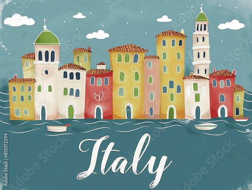 A beautiful flat design poster of Italy, with the word Italy written on the bottom of the poster 