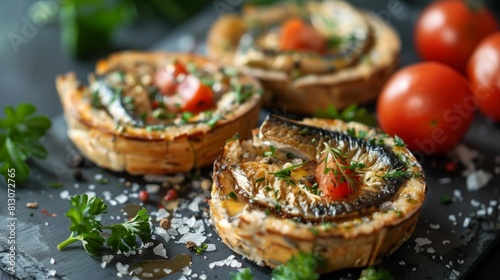Tartlets made of pickled sardines and sausages.
