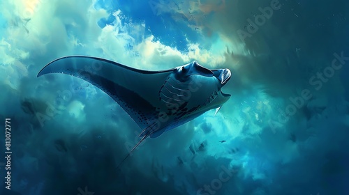 A solitary manta ray gliding gracefully through the ocean depths, its distinctive wings spread wide as it searches for plankton to feed on. photo