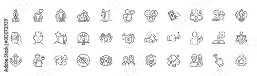 Safe water  Not looking and Group line icons. Pack of Sunny weather  Pay money  Like hand icon. Thermometer  Friendship  Manager pictogram. Drag drop  Social distance  Delivery man. Line icons. Vector